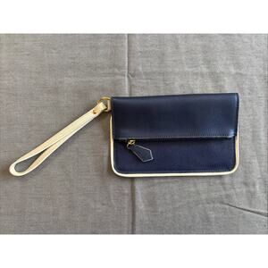 Alberta Di Canio Blue Cream Leather Purse Foldover Wristlet Clutch Zip Handle